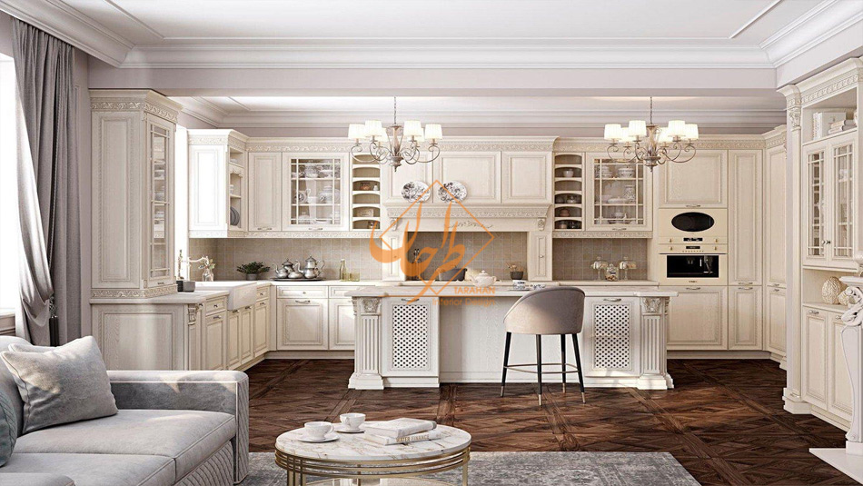 مدل کابینت آشپزخانه نئوکلاسیک با دربهای قابدار و رنگ روشن
